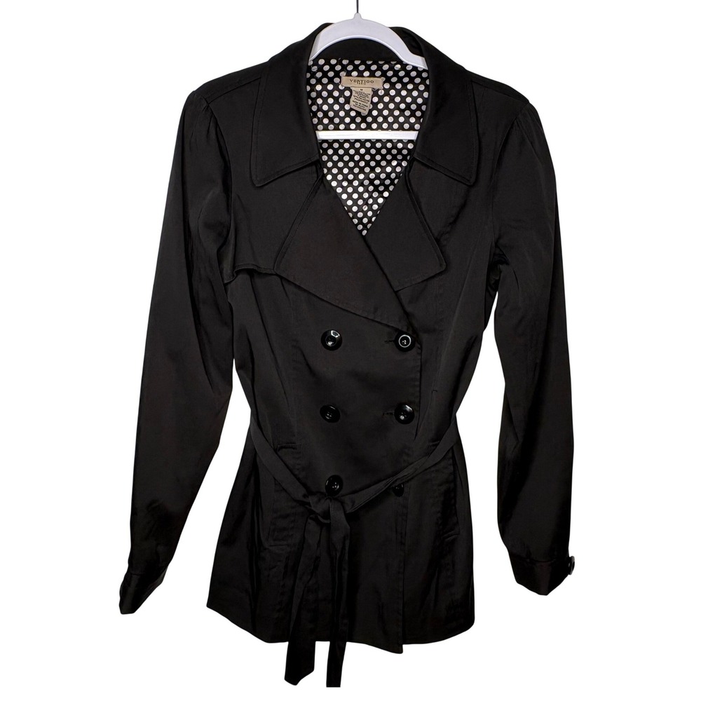 Vertigo Paris Trench Coat M Black Double Breasted Belted Polka dot Parisian Chic